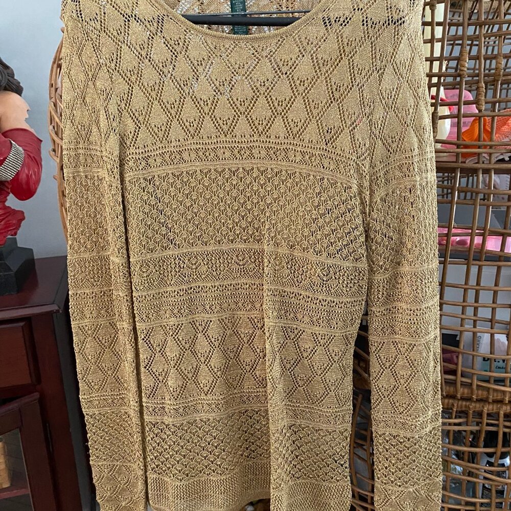Ralph‎ Lauren Women's Gold Metallic Mesh Open Knit L/S Sweater Top - Size L